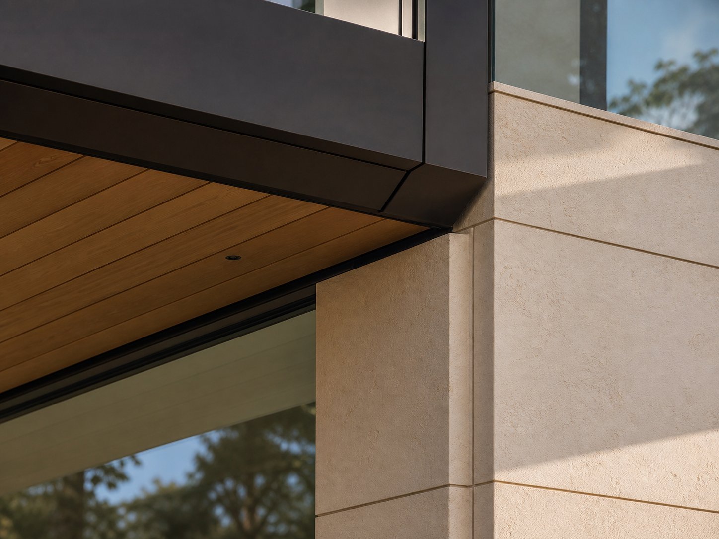 Completed junction between stone, bronze metal, timber and glass