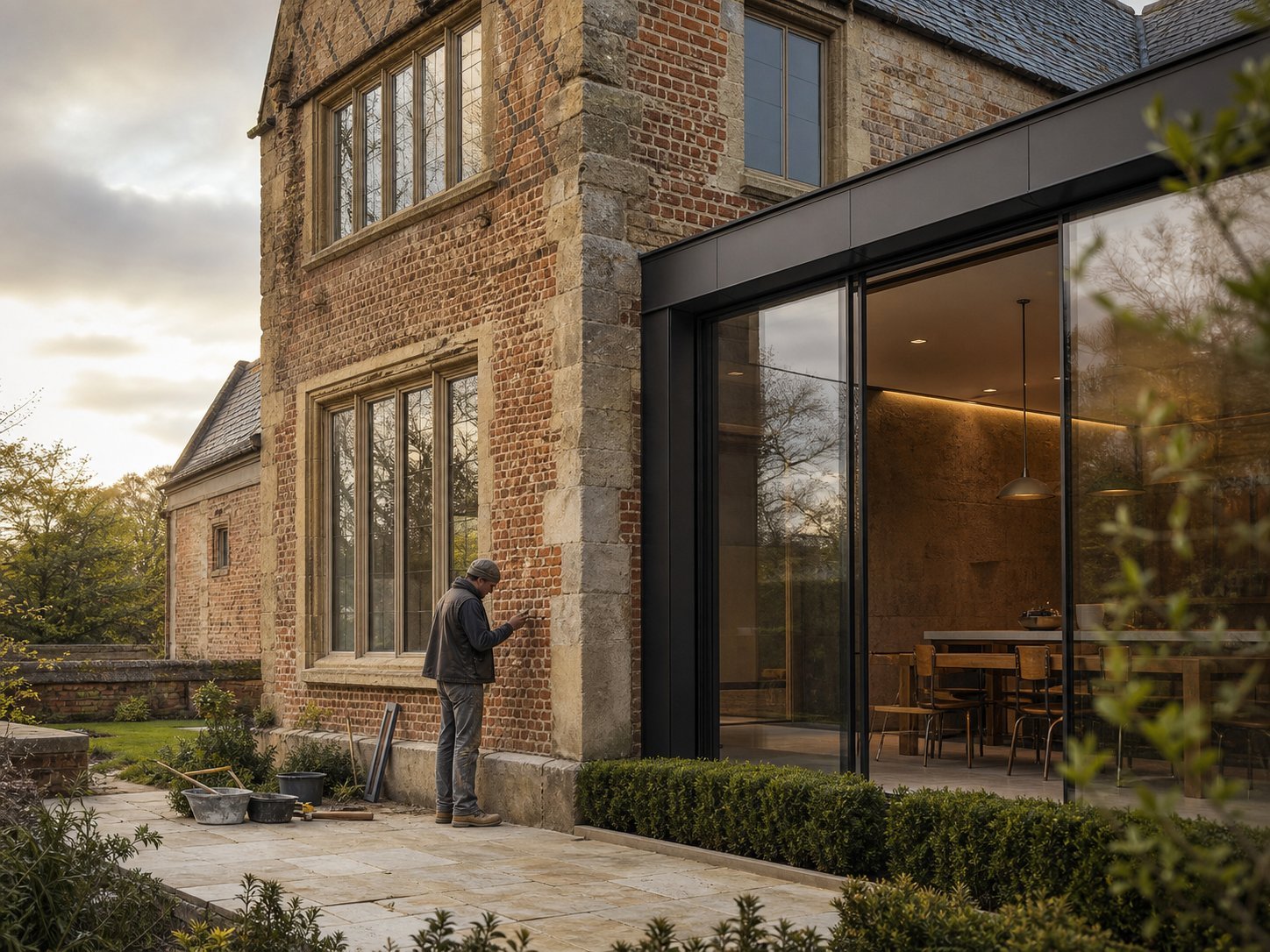 Historic brick home with a completed contemporary glass extension