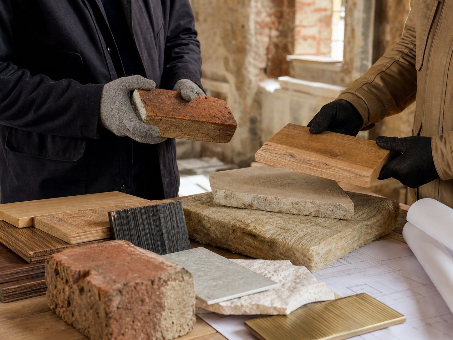 Contractors reviewing reclaimed brick, timber, stone and insulation samples